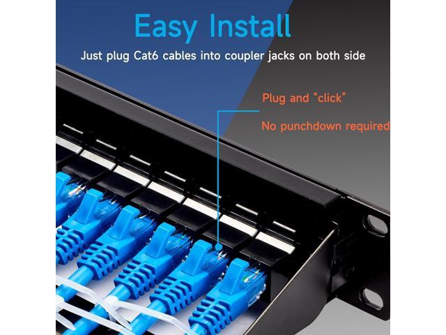 24 Port RJ45 Patch Panel Cat6 Feed Through, Coupler Network Panel 19 Inch, Inline Keystone Ethernet Patch Panel with Back Bar