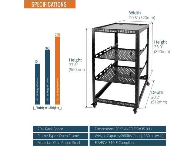 TECMOJO 20U Open Frame Network Rack for IT & AV Gear, 4-Post With Casters, Mobile With 2 PCS 1U Server Shelf & Mounting Hardware, for 19' Network,...