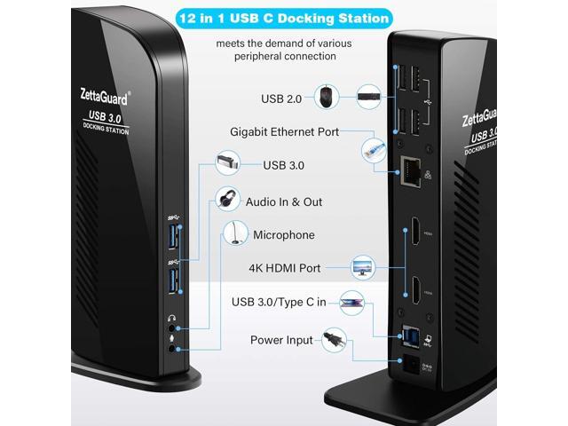 USB 3.0 and USB-C Universal Laptop Docking Station for Windows and Mac (Dual 4K Video HDMI, Gigabit Ethernet, 6 USB 3.0 Ports, 3.5 mm Audio)
