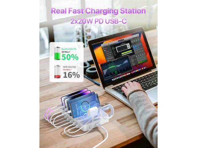 SooPii 6-Port USB C Charging Station for Multiple Devices,2 PD 20W Fast Charging for lPhone 15 and More,6 Charging Cables and 2in1 Holder for...