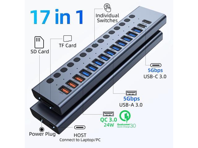 Powered USB Hub, VANGREE 17-Port 90W USB 3.0 Hub (10 USB 3.0 Ports+3 QC24W Fast Charging Ports+2 USB-C 3.0 Ports+SD/TF Card Reader), Individual...