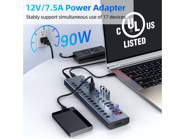 Powered USB Hub, VANGREE 17-Port 90W USB 3.0 Hub (10 USB 3.0 Ports+3 QC24W Fast Charging Ports+2 USB-C 3.0 Ports+SD/TF Card Reader), Individual...