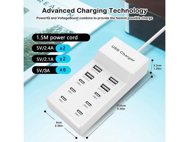 USB C Charger,10 Ports USB Charger Station with 6 Ports USB-C Charging Hub, Desktop 50W Multi Port Charging Compatible with iPhone...