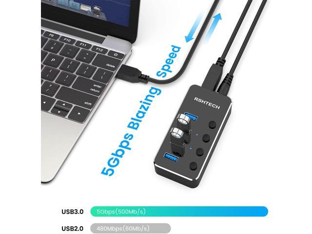Powered USB Hub, RSHTECH 4 Port USB 3.0 Hub Splitter Portable Aluminum USB Data Hub Expander with Individual On/Off Switch and Universal 5V AC...