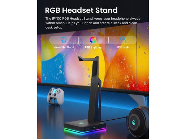 RGB Gaming Headset Stand with 2 USB Ports, Game Headphone Mount for PC, Xbox One, PS4, Switch, Earphone Holder Hanger, Great for Gaming Stations,...