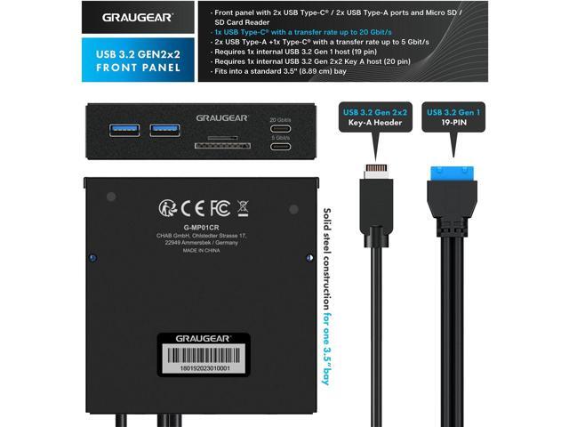 GRAUGEAR 3.5 Inch Front Panel USB C Hub, SD/microSD Internal Card Reader, 20Gbps USB 3.2 Gen 2x2, USB3.2 Type-E Key-A 20-Pin Header & USB3.0 Header...