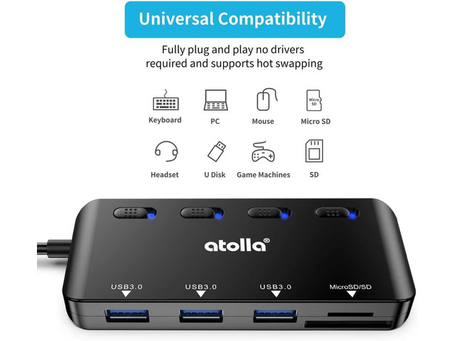 USB SD Card Reader, atolla USB Hub with SD/Micro SD Card Reader, USB Splitter with 3 USB Ports, 2 Card Slots and Individual LED Power Switches