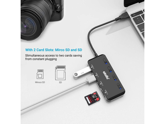 USB SD Card Reader, atolla USB Hub with SD/Micro SD Card Reader, USB Splitter with 3 USB Ports, 2 Card Slots and Individual LED Power Switches