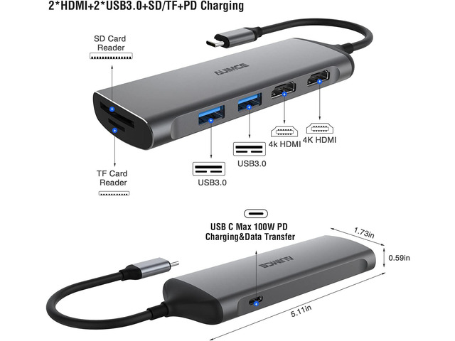 USB C Docking Station Dual HDMI Monitor, 7-in-1 USB C Hub with 2 HDMI,100W PD, USB 3.0, SD/TF Card Reader Ports, Laptop Docking Station for Dell,...