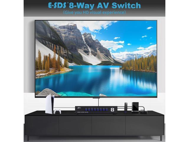 E-SDS 8-Way AV Switch RCA Switcher 8 in 1 Out Composite Video L/R Audio Selector Box for DVD STB Game Consoles CV0235
