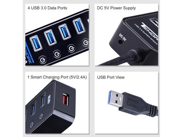 USB 3.0 Hub - Tendak USB Hub with 4 USB 3.0 Data Ports + 1 USB Smart Charging Port and Power Supply Adapter with Individual On/Off Port Switches...