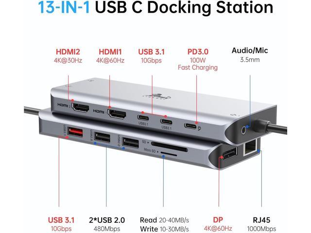 LIONWEI Laptop Docking Station 13 in 1 - Dual HDMI+DisplayPort+10Gbps, 6 USB C/A, 100W PD, Ethernet, SD/TF, Audio, USB C Hub for...