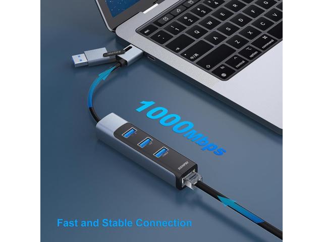 BENFEI 2in1 USB-C/USB 3.0 to Ethernet Adapter with 3*USB 3.0 Ports Compatible for iPhone 15 Series, MacBook Pro/Air 2023/2022/2021/2020/2019 and More