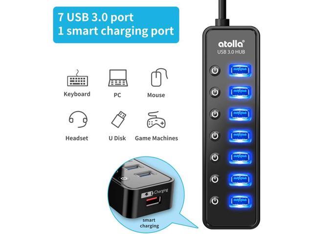 Powered USB Hub 3.0, Atolla 7-Port USB Data Hub Splitter with One Smart Charging Port and Individual On/Off Switches and 5V/4A Power Adapter USB...