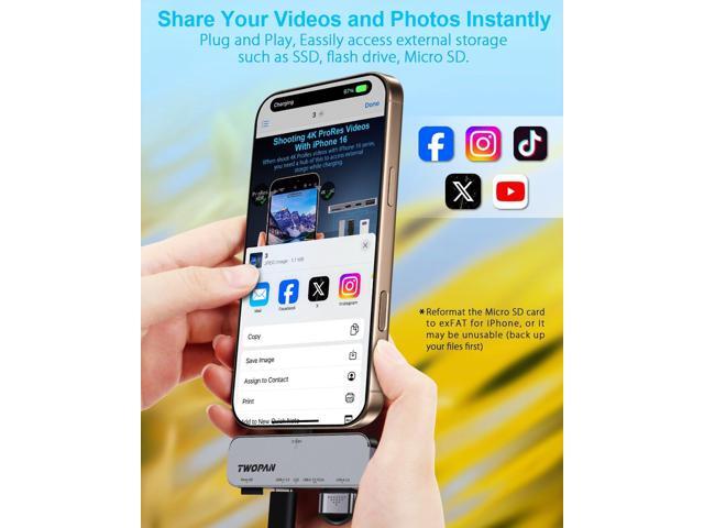 USB C iPhone Hub for ProRes Video Recording - Ultra-Slim Aluminum USB 3.2, Dual USB-C, Micro SD, and Charging Port Hub for iPhone 16/15 Pro/Pro Max
