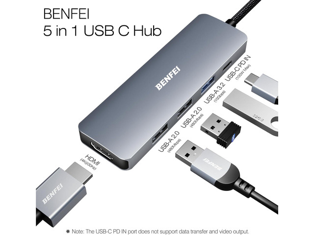 BENFEI USB C Hub 5-in-1 with 4K HDMI(Certified), 100W Power Delivery, 3 USB-A, Silicone Cable, Aluminum Case Compatible with MacBook Pro/Air, iPad...