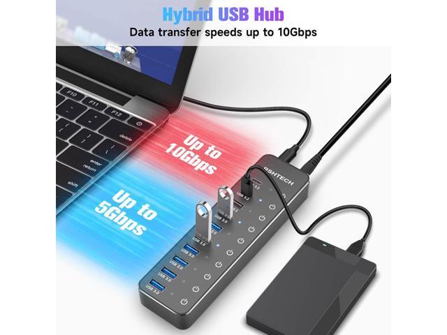 Powered USB Hub, RSHTECH 10-Port USB 3.2/USB C Hub 60W with 10Gbps USB-A 3.2, 2 USB-C 3.2, 7 USB 3.0 Ports, Individual Touch Switches and 3.3ft...