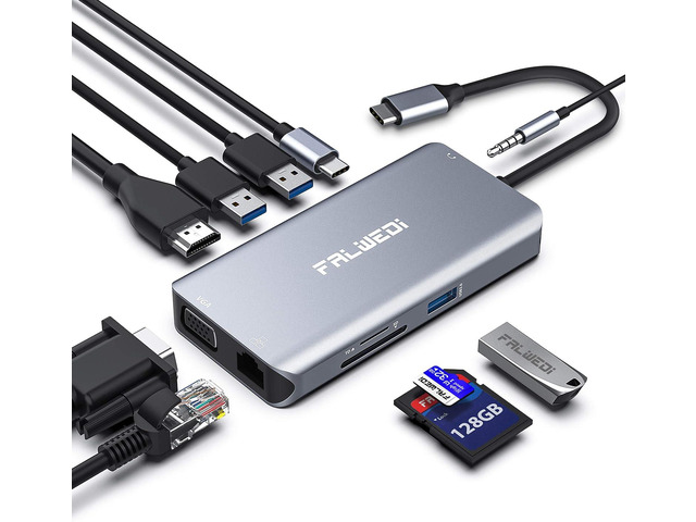 USB C Hub, Type C Adapter, FALWEDI 10-in-1 Dongle with Ethernet, 4K@30Hz HDMI, VGA, 3 USB3.0, SD/TF Card Reader, Mic/Audio, USB-C PD 3.0,...