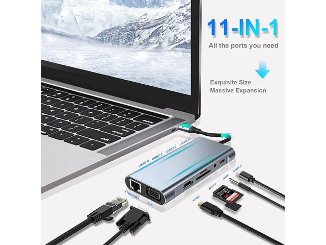 USB C HUB, USB C Adapter 11 in 1 Dongle with 4K HDMI, VGA, Type C PD, USB3.0, RJ45 Ethernet, SD/TF Card Reader, 3.5mm AUX, Docking Station...