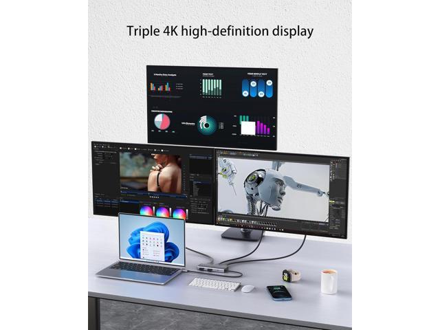 4K Triple Monitor Docking Station, 7-in-1 USB C Hub with Dual HDMI 4K@60Hz, DP 8K@30Hz/4K@144Hz/4K@120Hz, 100W PD, 3x10Gbps USB for Dell/HP/Lenovo