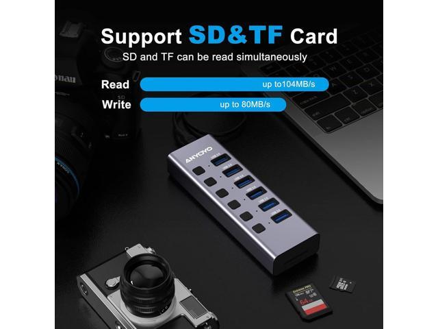 Powered USB Hub with TF/SD Card Reader, 8-Port USB 3.0 Hub with 6 USB 3.0 Data Ports, USB Spilter with Individual On/Off SwitchesAluminum USB Hub...