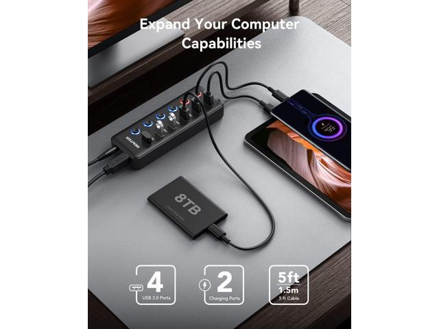 Powered USB Hub, Wenter 6-Port USB 3.0 Hub Splitter (4 USB 3.0 Data Ports + 2 QC 3.0 Fast Charging Ports) with Individual LED On/Off Switches, USB...