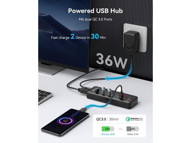 Powered USB Hub, Wenter 6-Port USB 3.0 Hub Splitter (4 USB 3.0 Data Ports + 2 QC 3.0 Fast Charging Ports) with Individual LED On/Off Switches, USB...