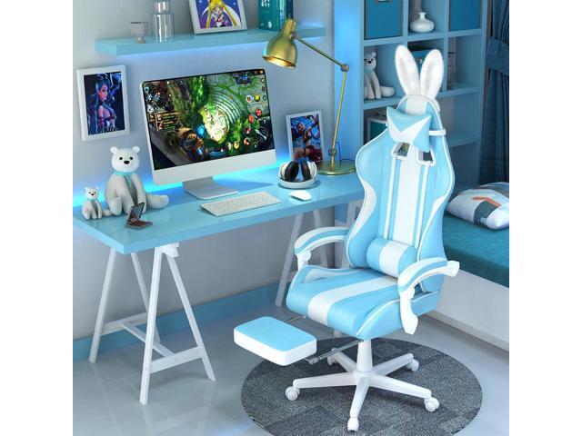 Ferghana Kawaii Light Blue Gaming Chair with Bunny Ears, Ergonomic Cute Gamer Chair with Footrest and Massage, Racing Reclining Leather Computer...