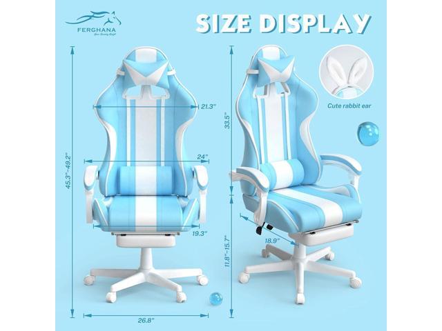 Ferghana Kawaii Light Blue Gaming Chair with Bunny Ears, Ergonomic Cute Gamer Chair with Footrest and Massage, Racing Reclining Leather Computer...