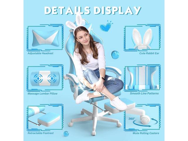 Ferghana Kawaii Light Blue Gaming Chair with Bunny Ears, Ergonomic Cute Gamer Chair with Footrest and Massage, Racing Reclining Leather Computer...