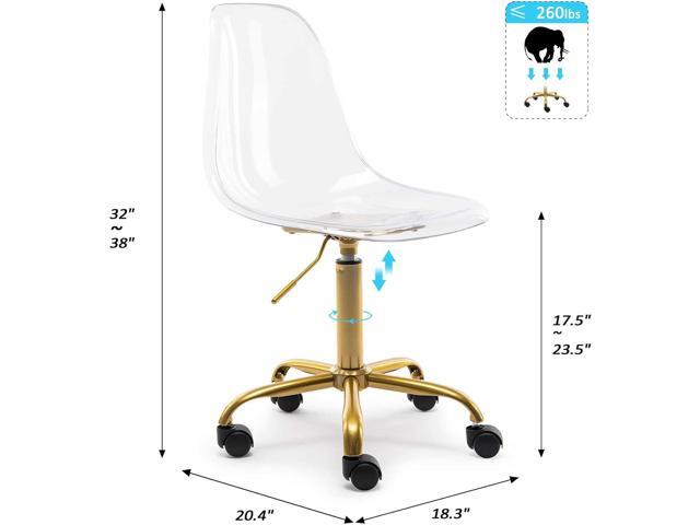 HOMEFUN Clear Desk Chair, Acrylic Rolling Armless Vanity Swivel Height Adjustable Ghost Molded Plastic Home Office Chairs with Golden Feet