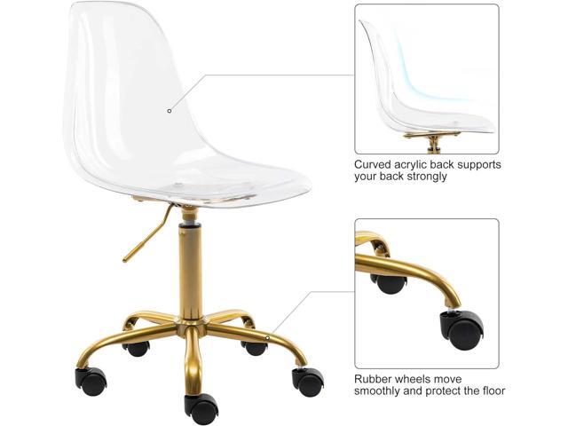 HOMEFUN Clear Desk Chair, Acrylic Rolling Armless Vanity Swivel Height Adjustable Ghost Molded Plastic Home Office Chairs with Golden Feet