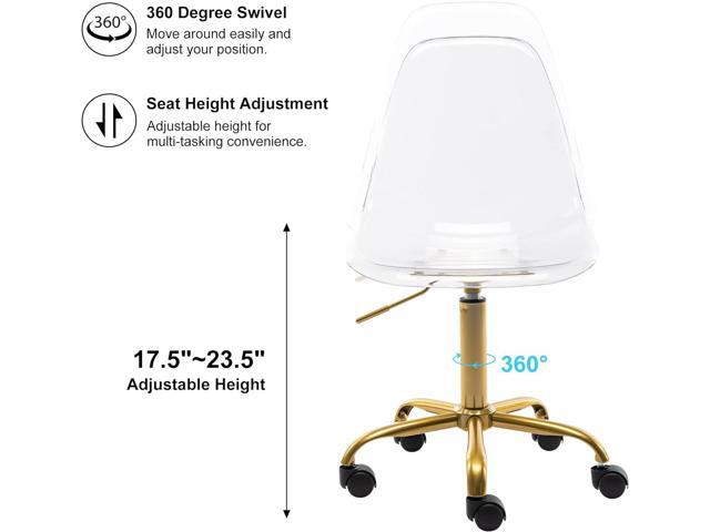 HOMEFUN Clear Desk Chair, Acrylic Rolling Armless Vanity Swivel Height Adjustable Ghost Molded Plastic Home Office Chairs with Golden Feet