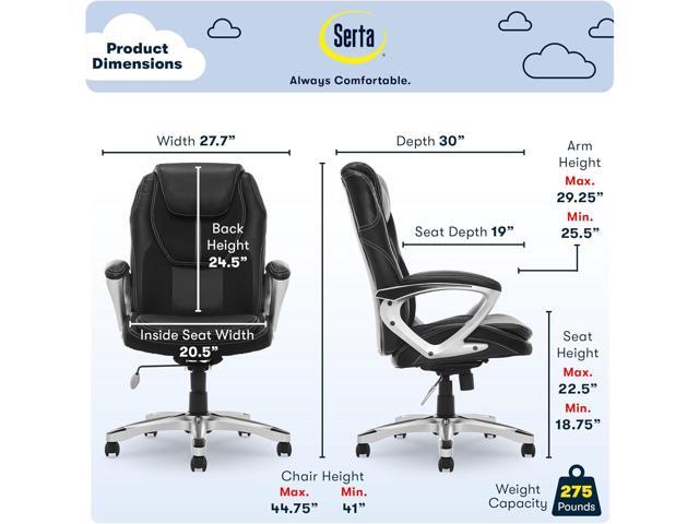 Serta Amplify Executive Office Padded Arms, Adjustable Ergonomic Gaming Desk Chair with Lumbar Support, Faux Leather and Mesh, Black