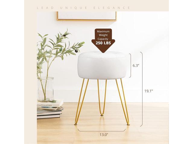 LUE BONA Faux Leather Vanity Stool Chair for Makeup Room, White Stool for Vanity, 19 Height, Tufted Vanity Chair Stool with Metal Legs, Modern Foot...