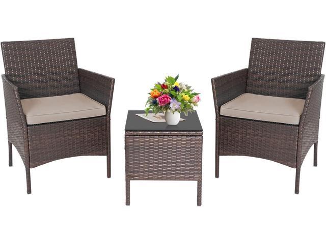 3-Piece Outdoor Wicker Conversation Bistro Set Outdoor Patio Porch Furniture Sets for Yard, Garden with 2 PE Rattan Wicker Chairs, 2 Cushions,1.