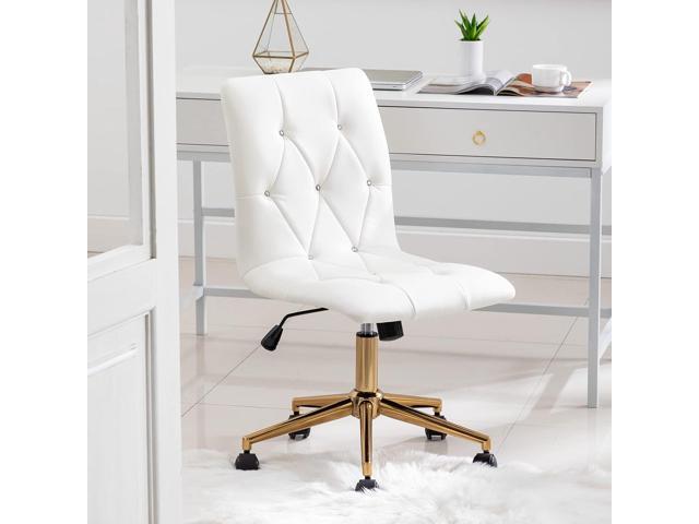 DUHOME Modern Home Office Chair,PU Leather Task Cute White Desk Chair with Gold Base, Armless Rolling Vanity Chair with Wheels for Teens