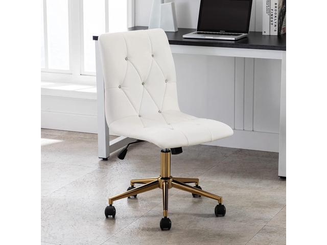 DUHOME Modern Home Office Chair,PU Leather Task Cute White Desk Chair with Gold Base, Armless Rolling Vanity Chair with Wheels for Teens
