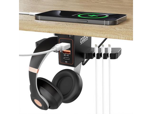 COZOO Headphone Stand with USB Charger Under Desk Headset Holder Mount with 3 Port USB Charging Station (20W PD & QC3.0) and iWatch Stand Smart...