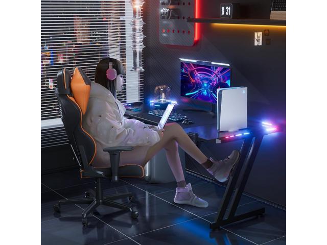 HLDIRECT 63 Inch Gaming Desk with LED Lights Carbon Fibre Surface Gaming Table Large Computer Desk Ergonomic Home Office Desks Z Shaped PC Gamer...