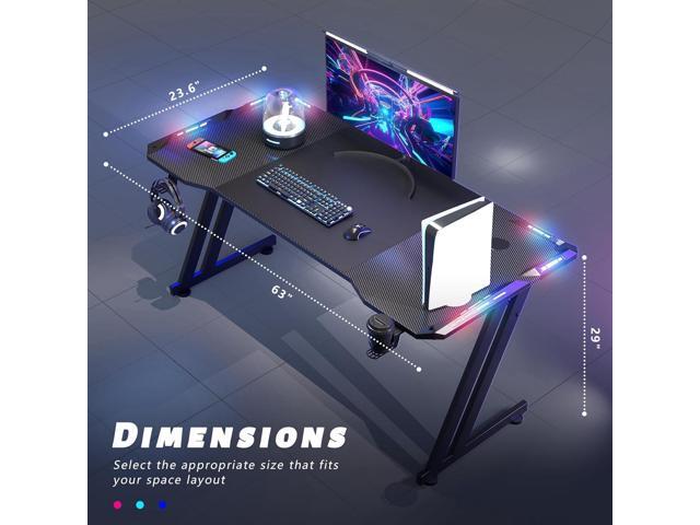 HLDIRECT 63 Inch Gaming Desk with LED Lights Carbon Fibre Surface Gaming Table Large Computer Desk Ergonomic Home Office Desks Z Shaped PC Gamer...