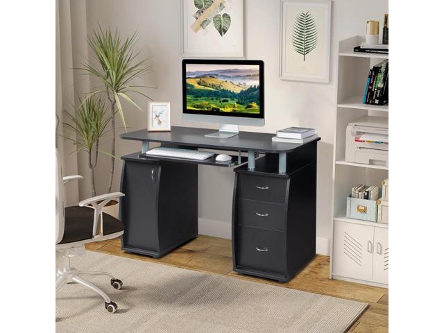 Karl home Computer Desk with Drawers & Storage Cabinet, Small Office Desk PC Laptop Workstation for Home, Studio, Office, Apartment, Black