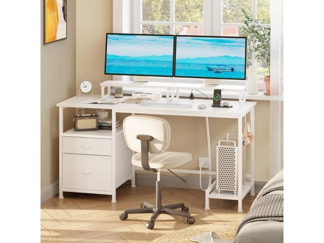 Furologee White Computer Desk with Drawer and Power Outlets, 47' Office Desk with 2 Monitor Stands and Fabric File Cabinet, Writing Gaming Table...