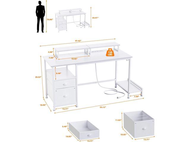 Furologee White Computer Desk with Drawer and Power Outlets, 47' Office Desk with 2 Monitor Stands and Fabric File Cabinet, Writing Gaming Table...