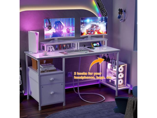 Furologee White Computer Desk with Drawer and Power Outlets, 47' Office Desk with 2 Monitor Stands and Fabric File Cabinet, Writing Gaming Table...
