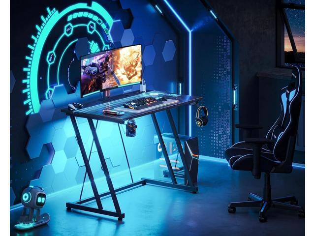 MOTPK 32 Inch Small Gaming Desk with LED Lights & Power Outlet, Computer Desk for Small Space, Gaming Table with Carbon Fiber Texture, Kids Desk...