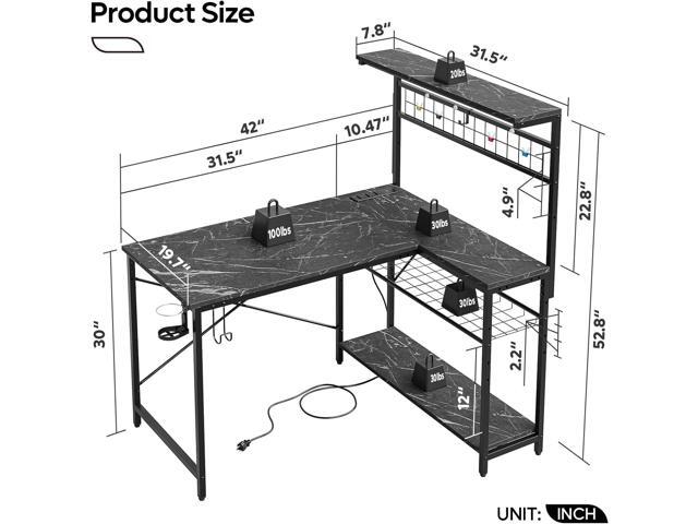 Bestier 42 L Gaming Desk,Computer Desk with Power Outlets, LED Lights, Reversible Corner Desk with 4-Tier Shelves,Cup Holder & Hook Black Marble