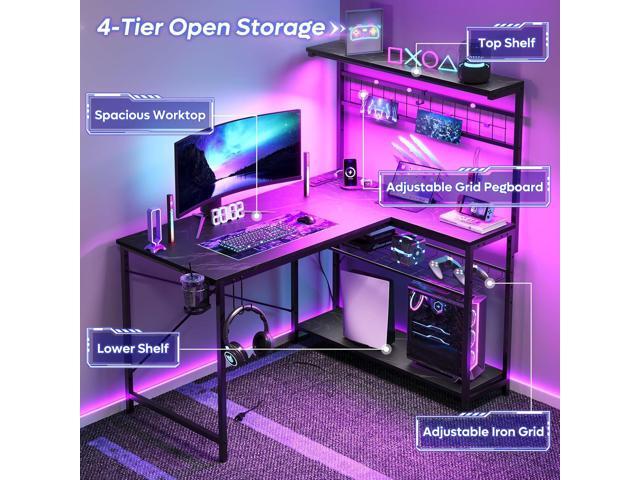 Bestier 42 L Gaming Desk,Computer Desk with Power Outlets, LED Lights, Reversible Corner Desk with 4-Tier Shelves,Cup Holder & Hook Black Marble