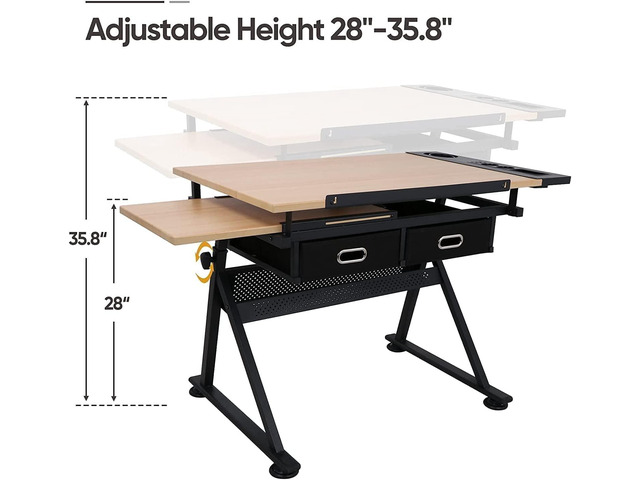 Drafting Table Drawing Desk Art & Craft Work Station Height Adjustable Tilting Tabletop Craft Table Desk w/Stool and 2 Storage Drawers for Home...