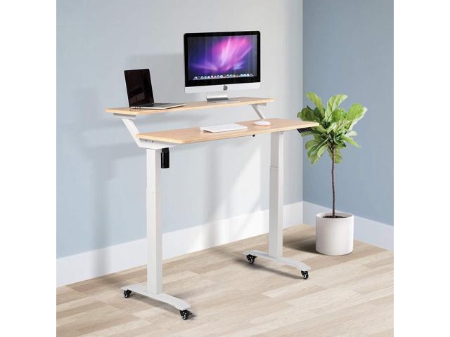 UNICOO Electric Height Adjustable 2-Tier Raising Standing Desk with Wheels, Mobile Workstation with Monitor Stand, Ergonomic Adjustable Game Desk...